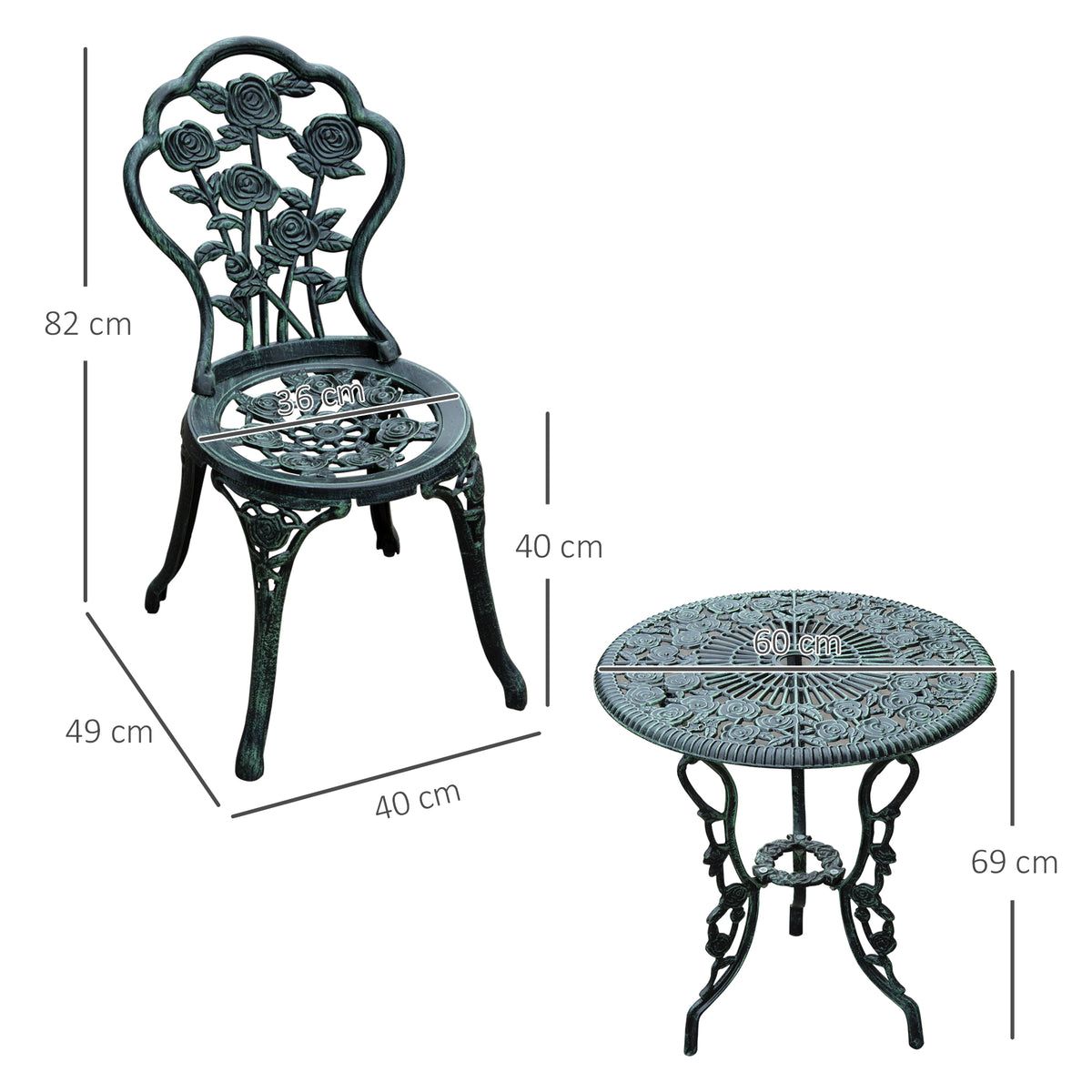 3-Piece Bistro Set for Balcony & Terrace, Antique Green Cast Aluminum