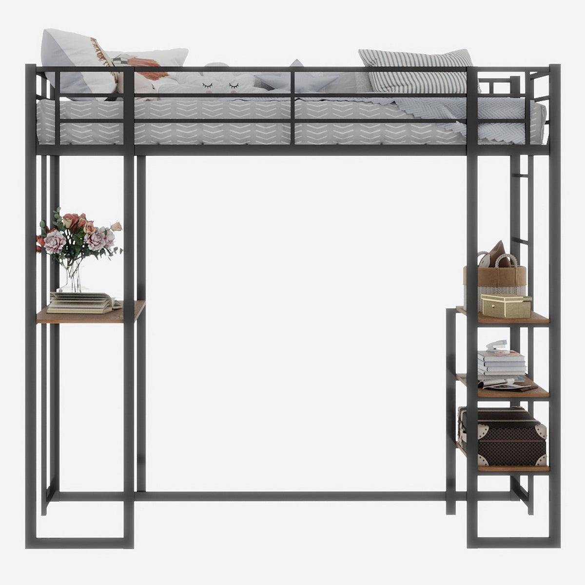Iron Frame Bed, L-Shaped Desk, Railing & Reversible Stairs, Metal