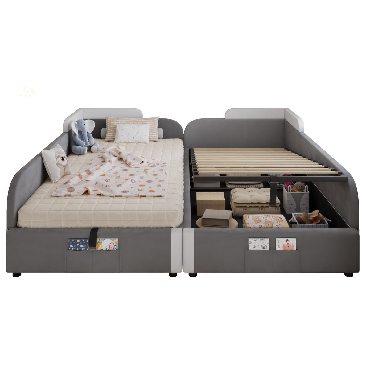 Upholstered Bed, Combined Children's Hydraulic with Storage, Grey Velvet & Plywood