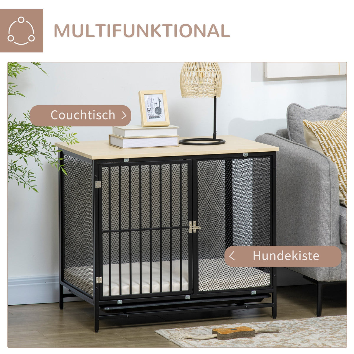 Dog Cage, Kennel with Cushion & Tray, Oak+Black