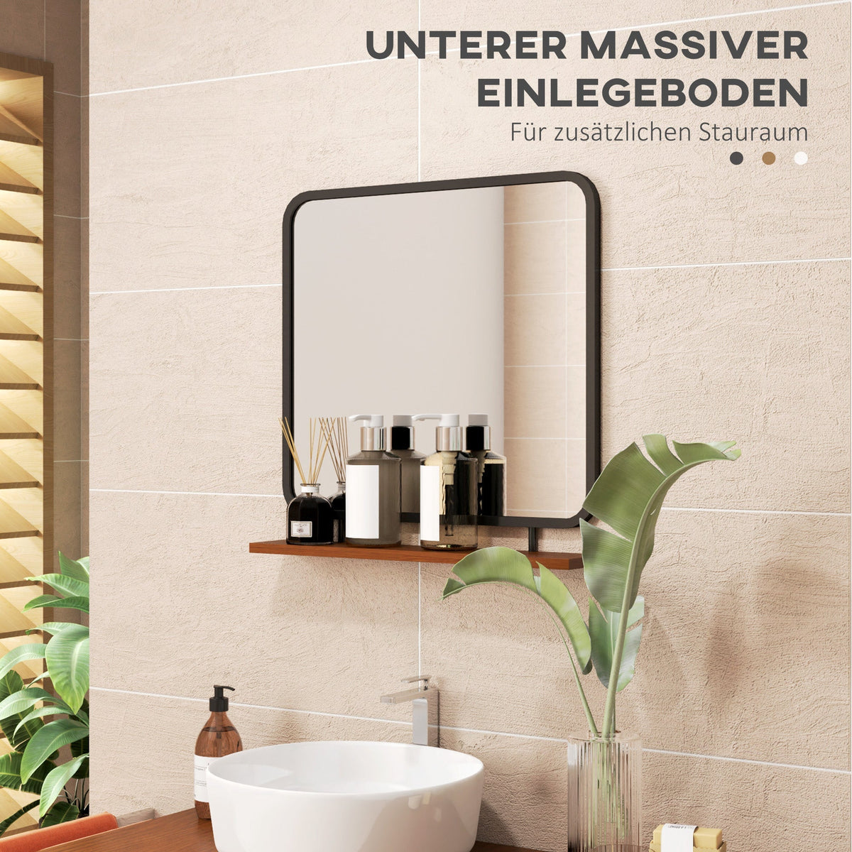 Wall Mirror with Wooden Shelf, Rectangular, Black