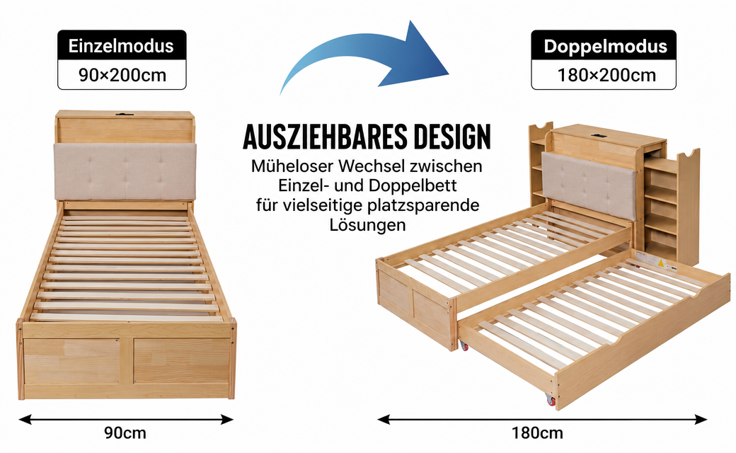 Upholstered Double Storage Bed 160x200 LED USB-C, Linen