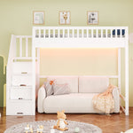 Loft Bed with LED Light Strip and Interchangeable Safety Ladders, 90x200cm, White Solid Pine Wood