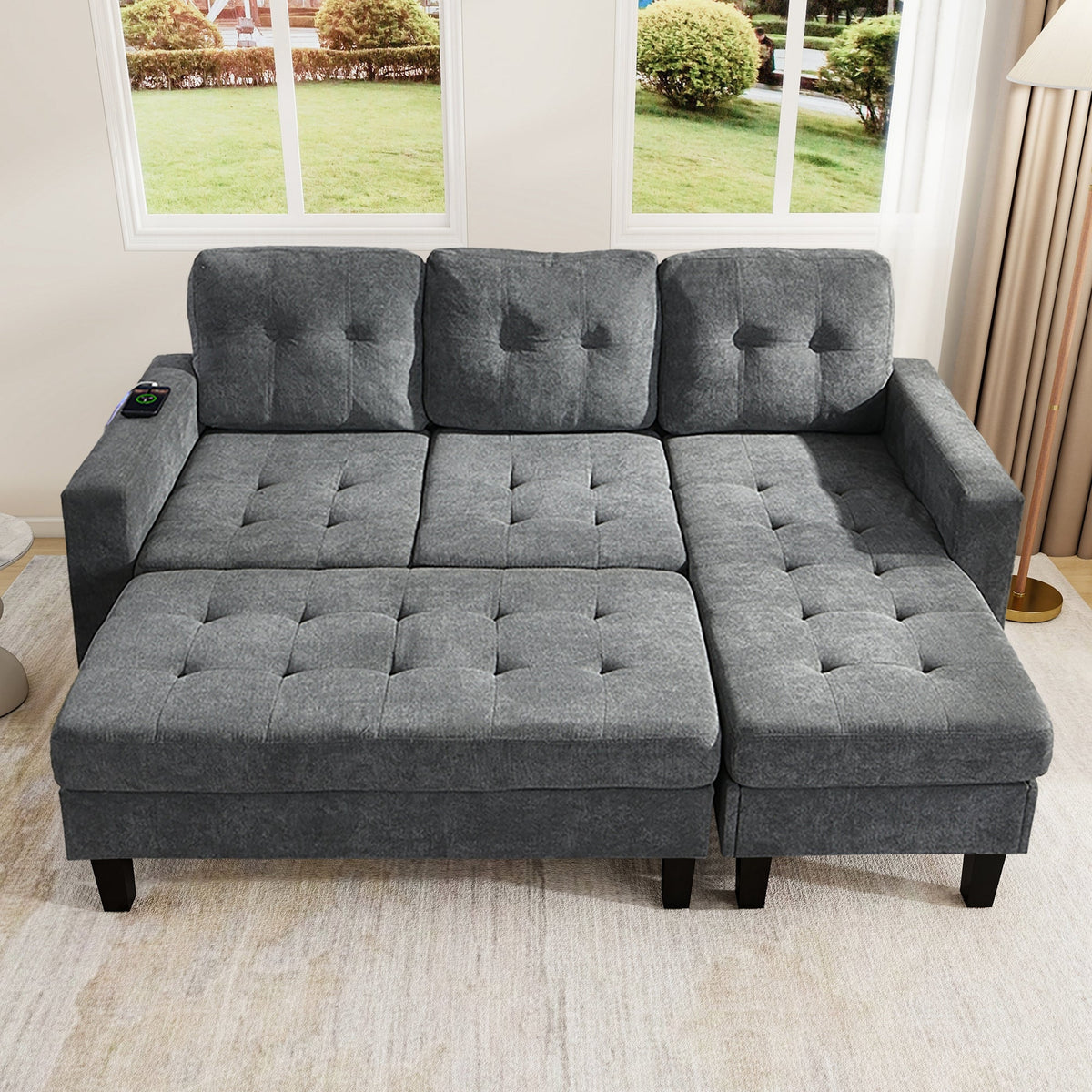 L-Shaped Sofa Set, Multifunctional with Movable Footstool & LED Lighting, Modern Modular