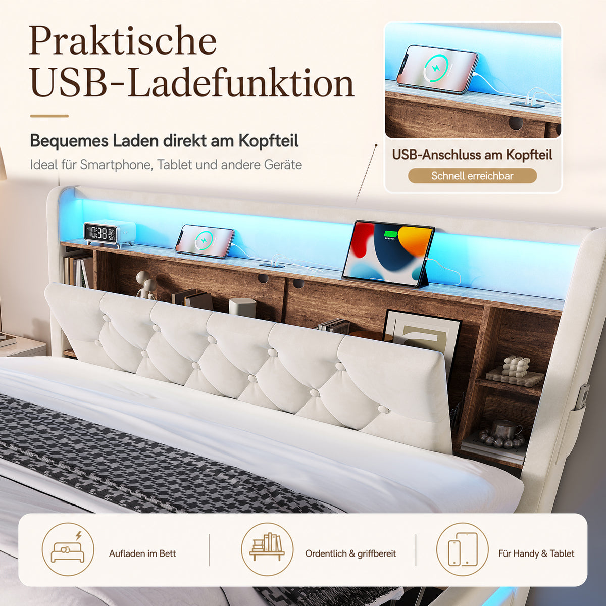 Upholstered Storage Bed 160x200cm with LED & USB, Beige Velvet