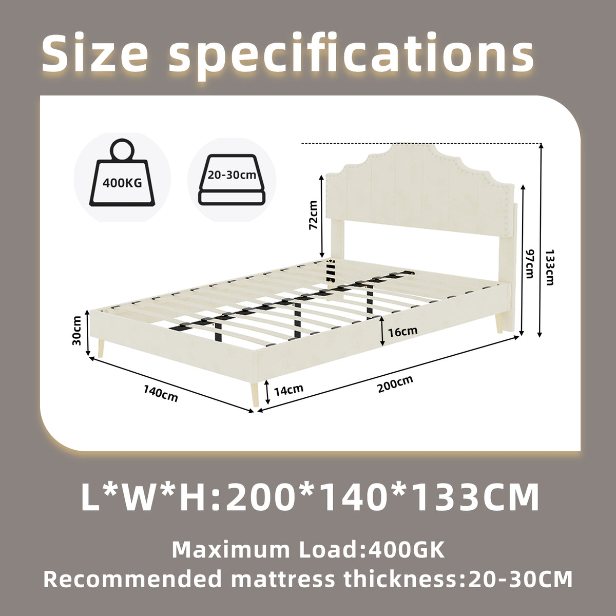 Modern Minimalist Soft Bed with Mattress 140x200cm, Beige