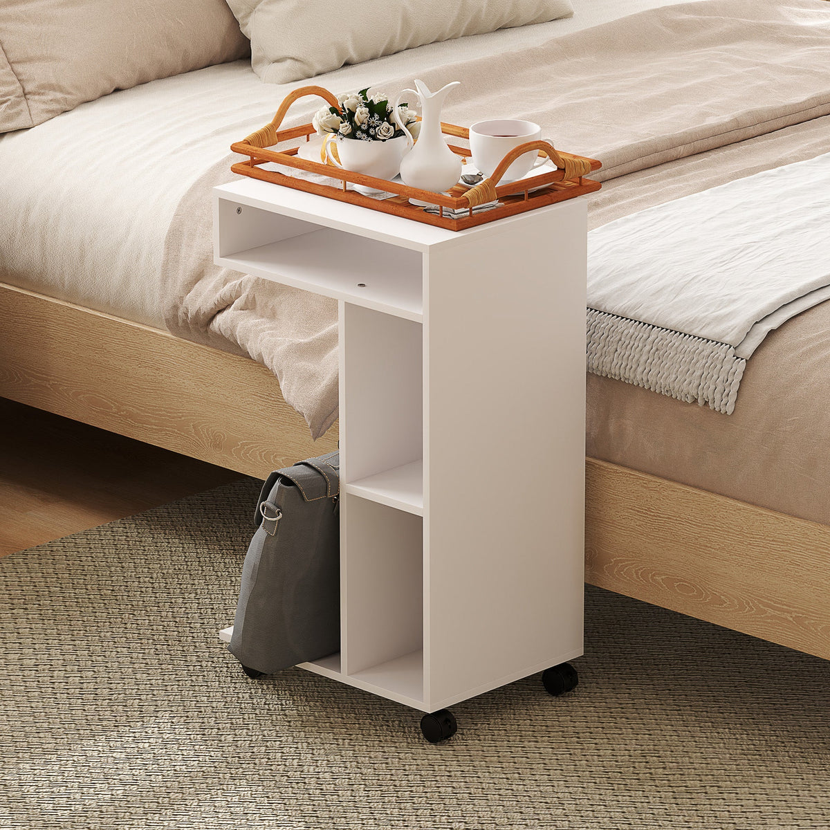 Side Table with Wheels, 4 Shelves, White