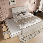 Upholstered Bed 140x200cm Extendable 3 Drawers Adjustable Headboard - Beige