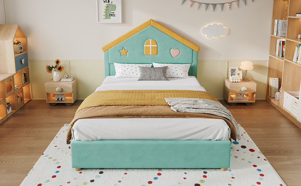 House Bed 140x200cm with 4 Drawers, Blue-Green Velvet