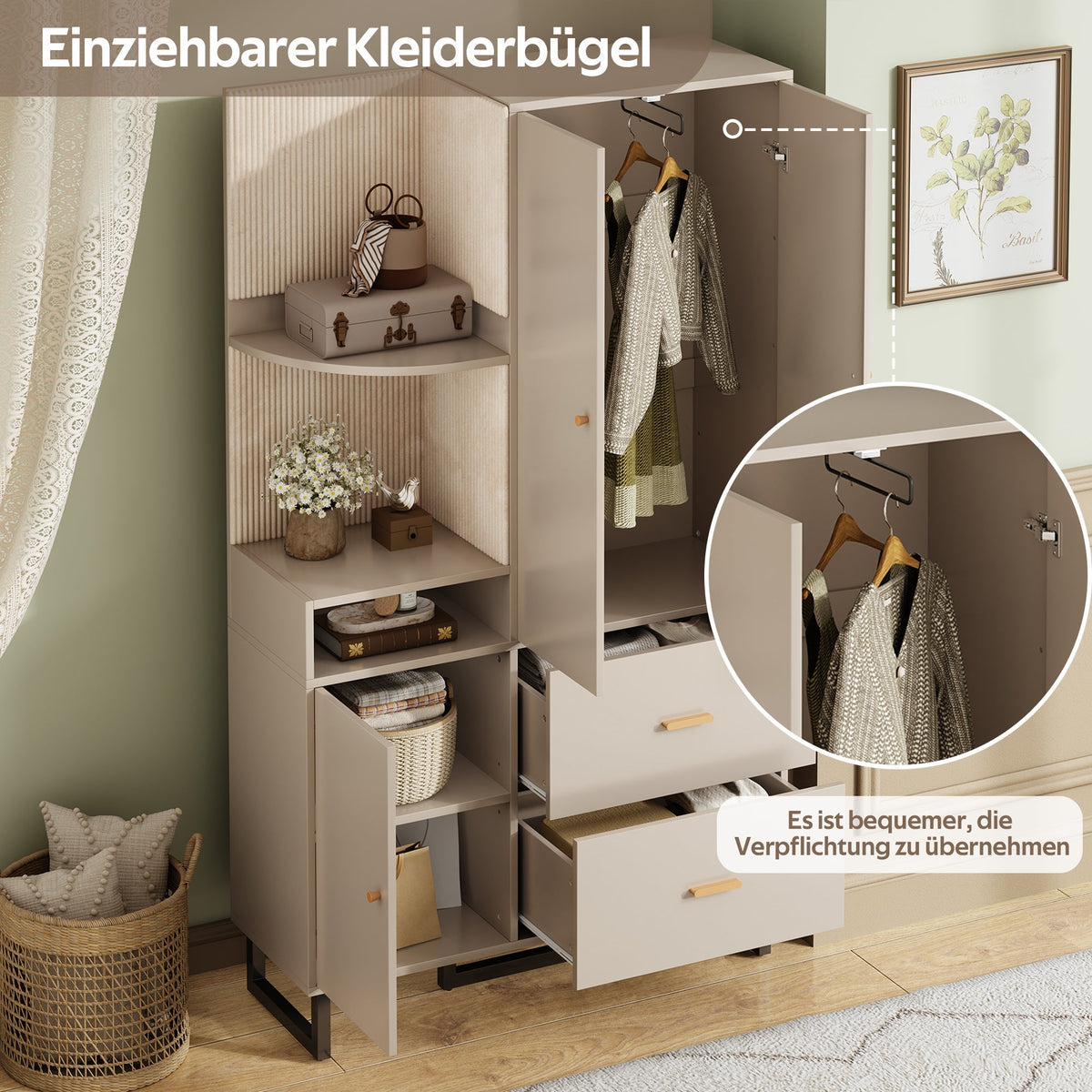 Compact Wardrobe, Hallway with Upholstered Panels & Shoe Cupboard, 110x186x38 cm