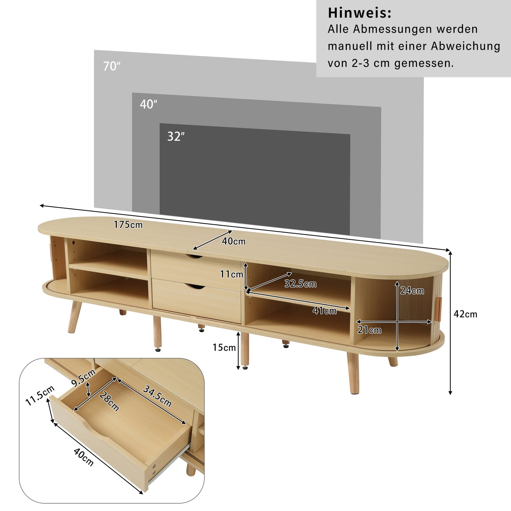 Living Room TV Cabinet with Storage, Round Table Top, 2 Drawers, MDF Wood Grain