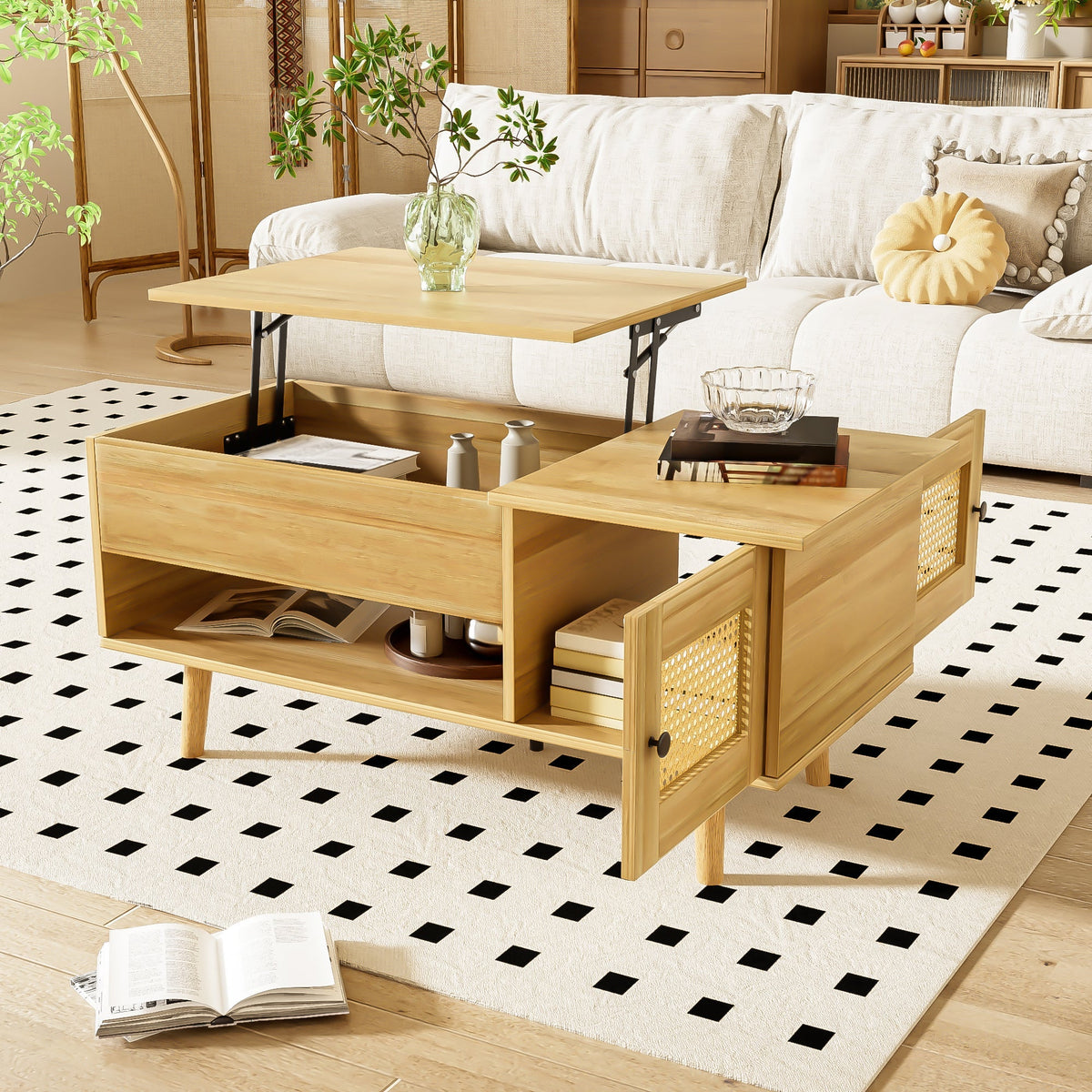 Coffee Table Lift-Up Top Rattan Doors Storage Wood/Black
