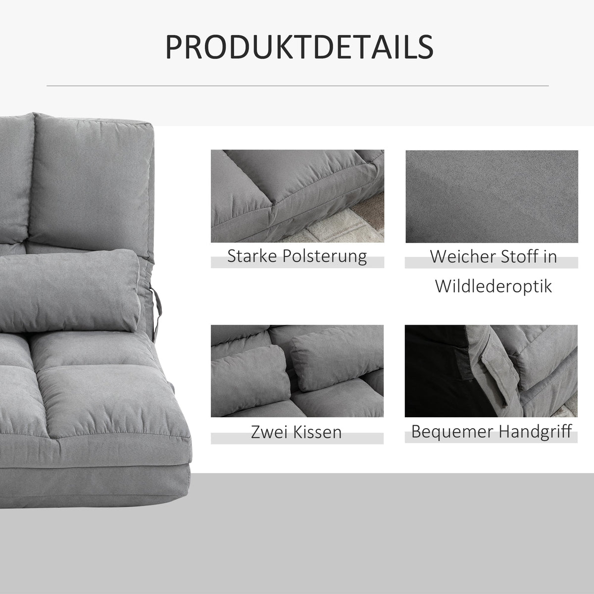 Floor Chair & Bed, Adjustable Backrest Seat Cushion, Grey Velvet & Steel