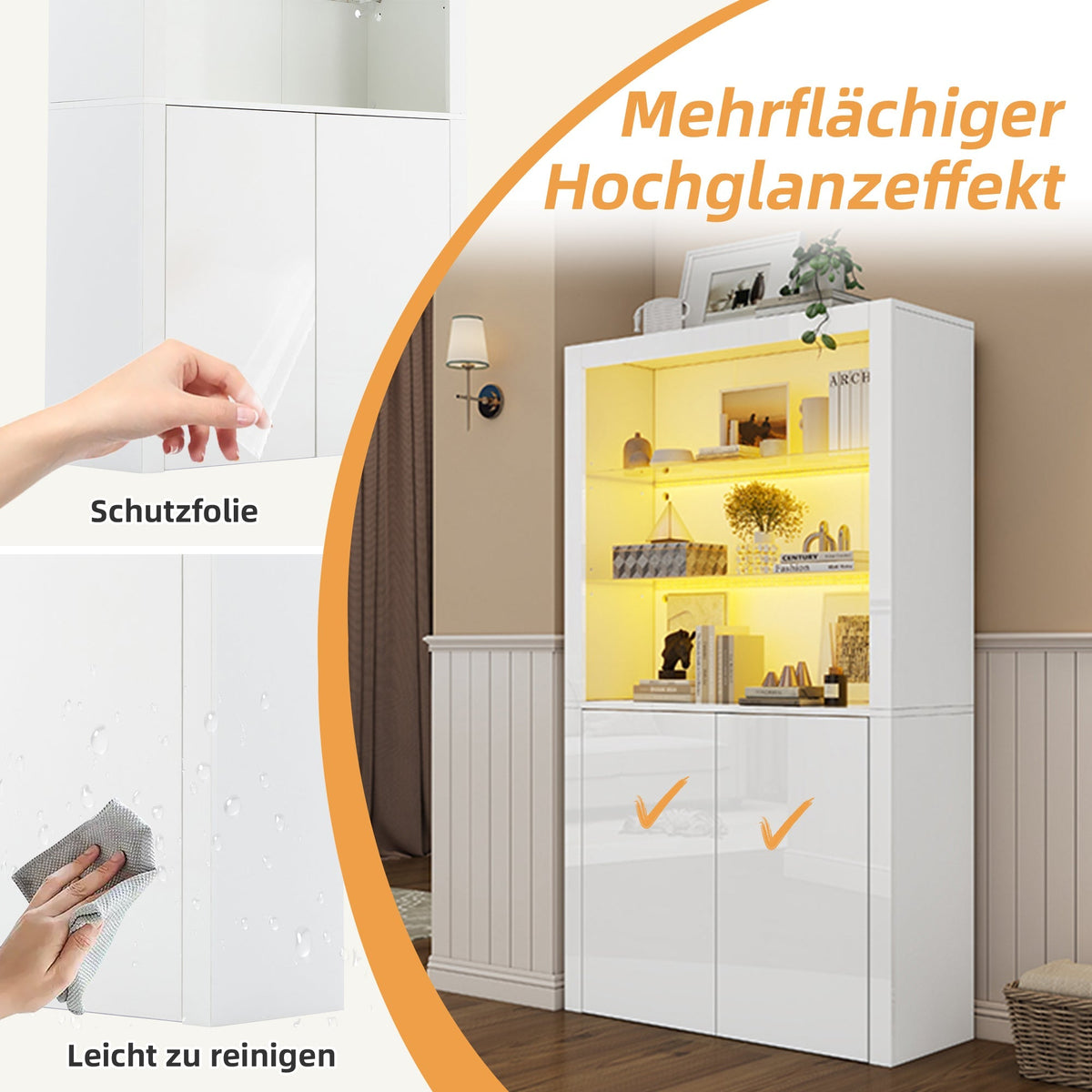 Sofa Sideboard Tall Cabinet, Display Storage with LED Lights, Tempered Glass, 100 x 35 x 170 cm, High-Gloss