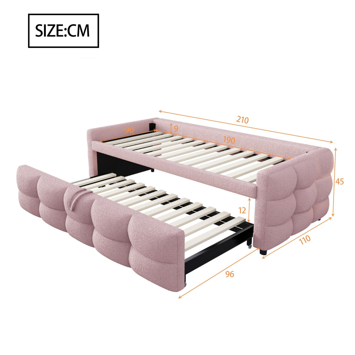 Upholstered Extendable Sofa Bed with Slatted Base, 90/180x190cm, Pink Teddy Velvet