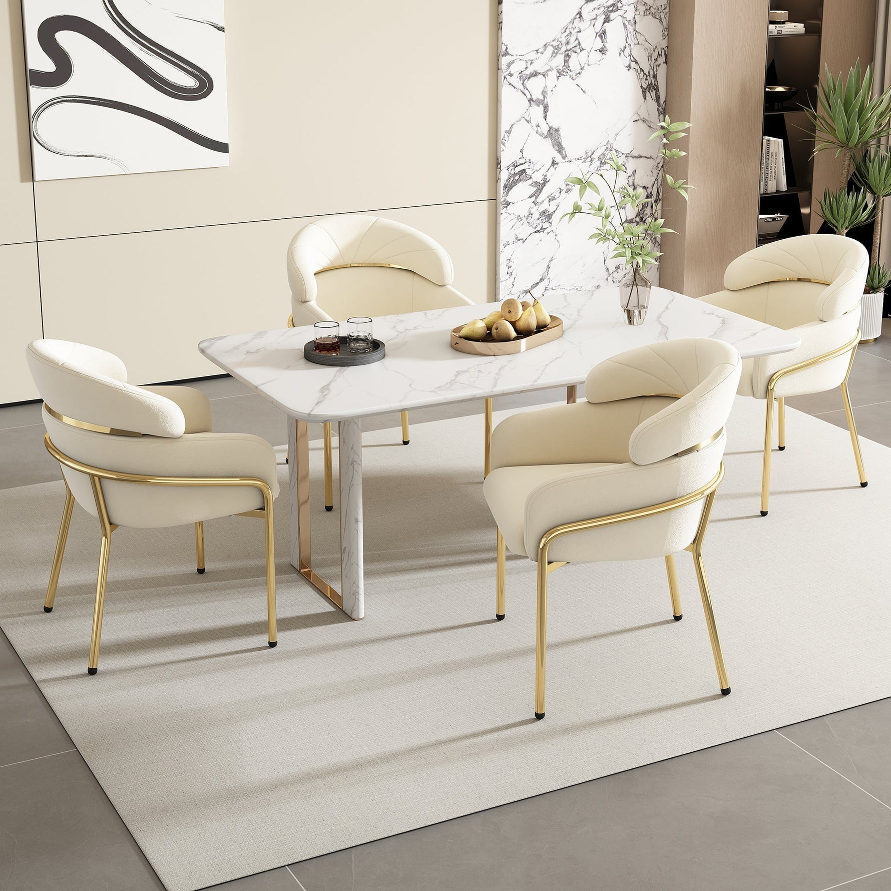 Light Luxury Dining Chair with Metal Legs, Velvet, Beige