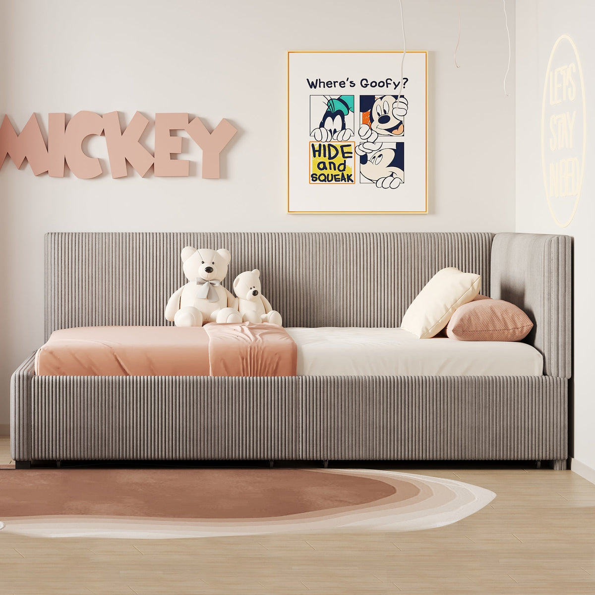 Upholstered Bed Sofa, 90x200 Multifunctional with 2 Storage Drawers, Gray Velvet