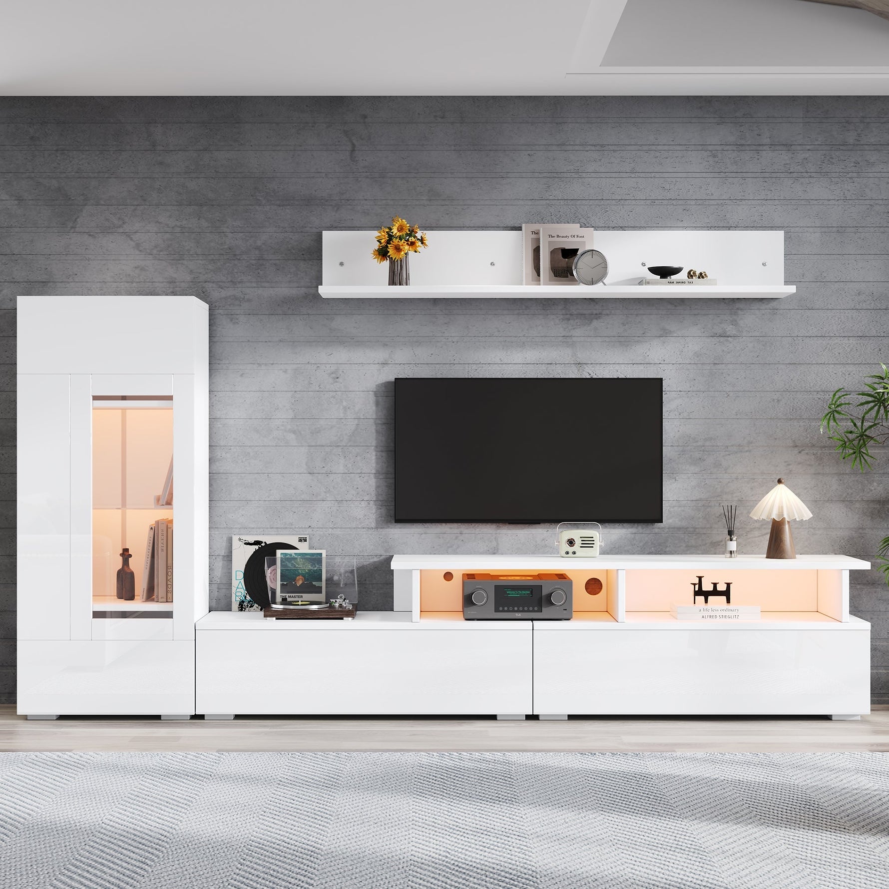 3-Piece TV Wall Unit Set with LED Lighting and High-Gloss Finish, White