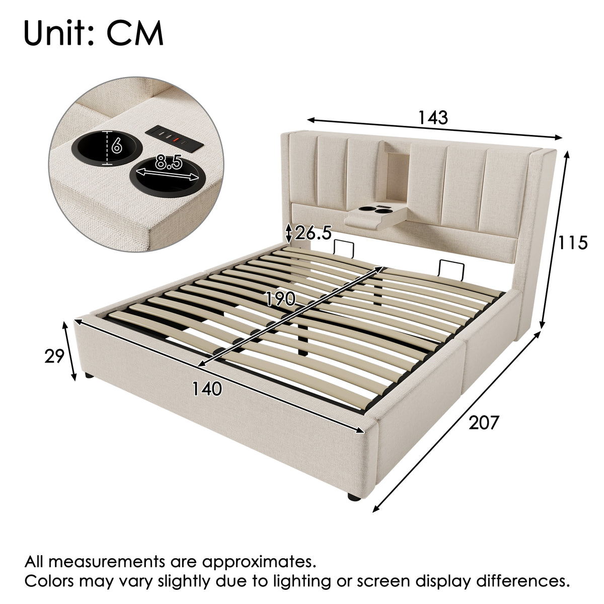 Upholstered Bed 140x190cm with Storage & Charging, Beige Linen