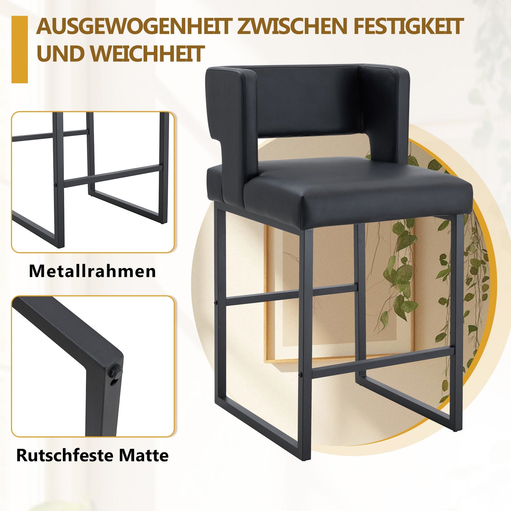 2-Pack Bar Stools Nordic Style Square Design Metal Legs - Black