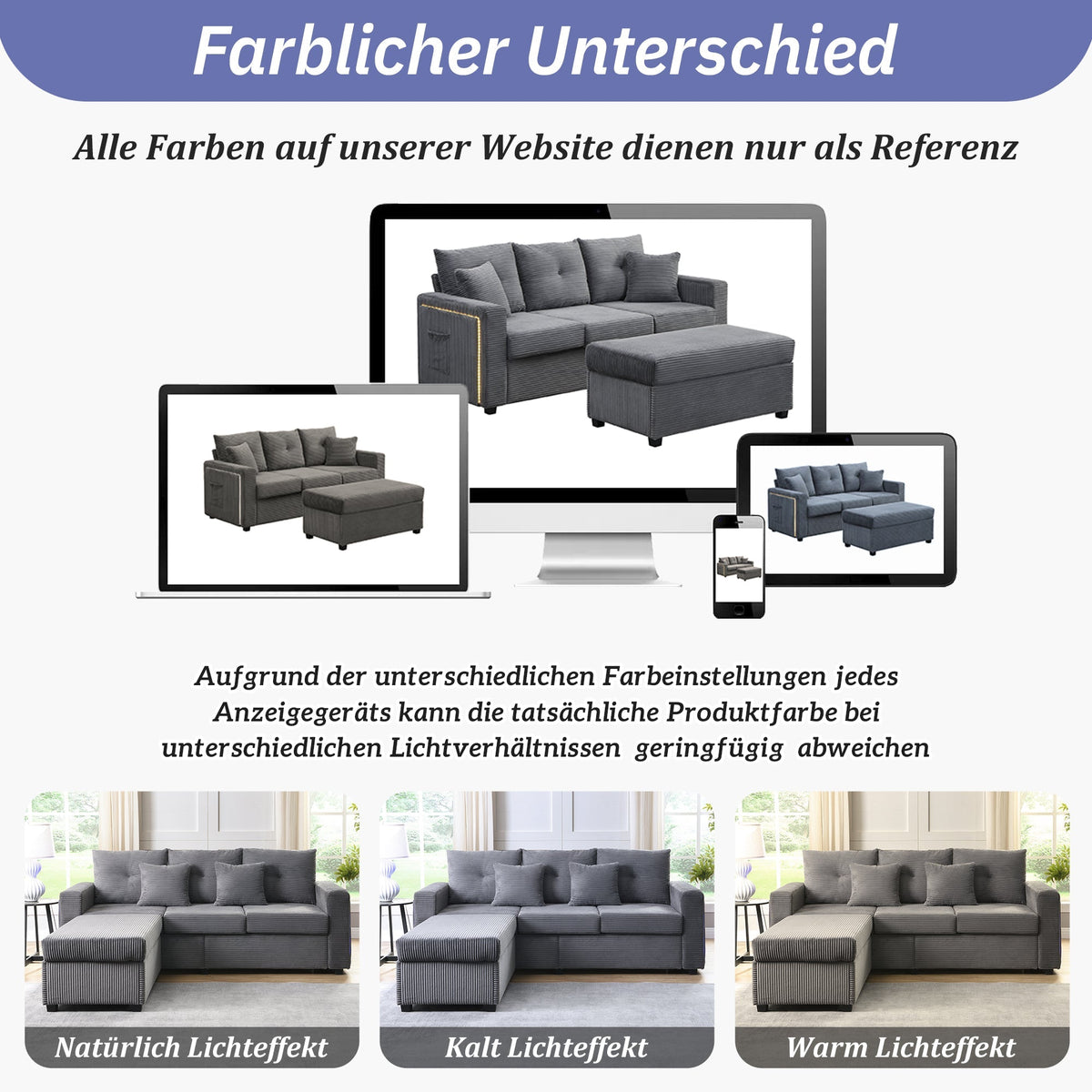 Sofa, 5-Cushion Supreme Set LED 3-Seater with Ottoman, Modular L-Shaped