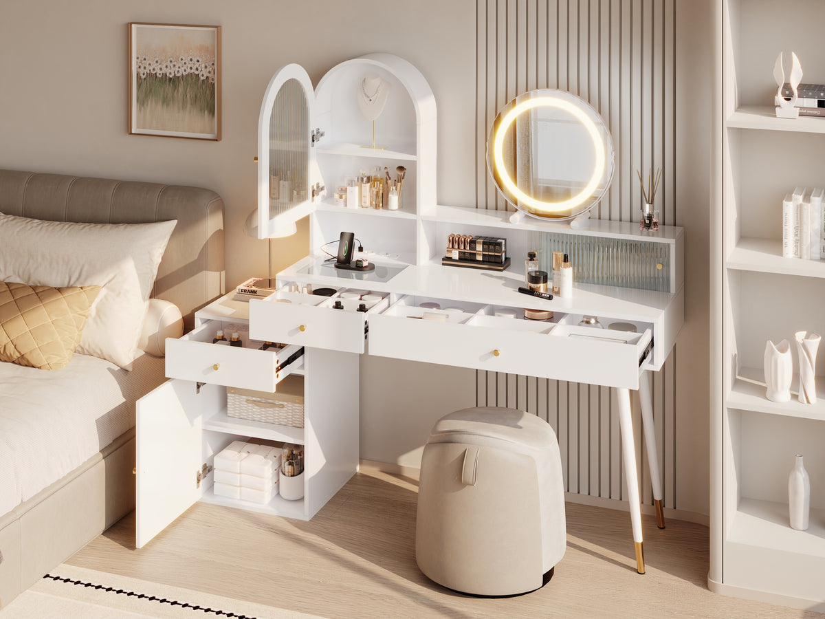 Vanity Table with LED Mirror & USB Ports, L-Shape Design, White