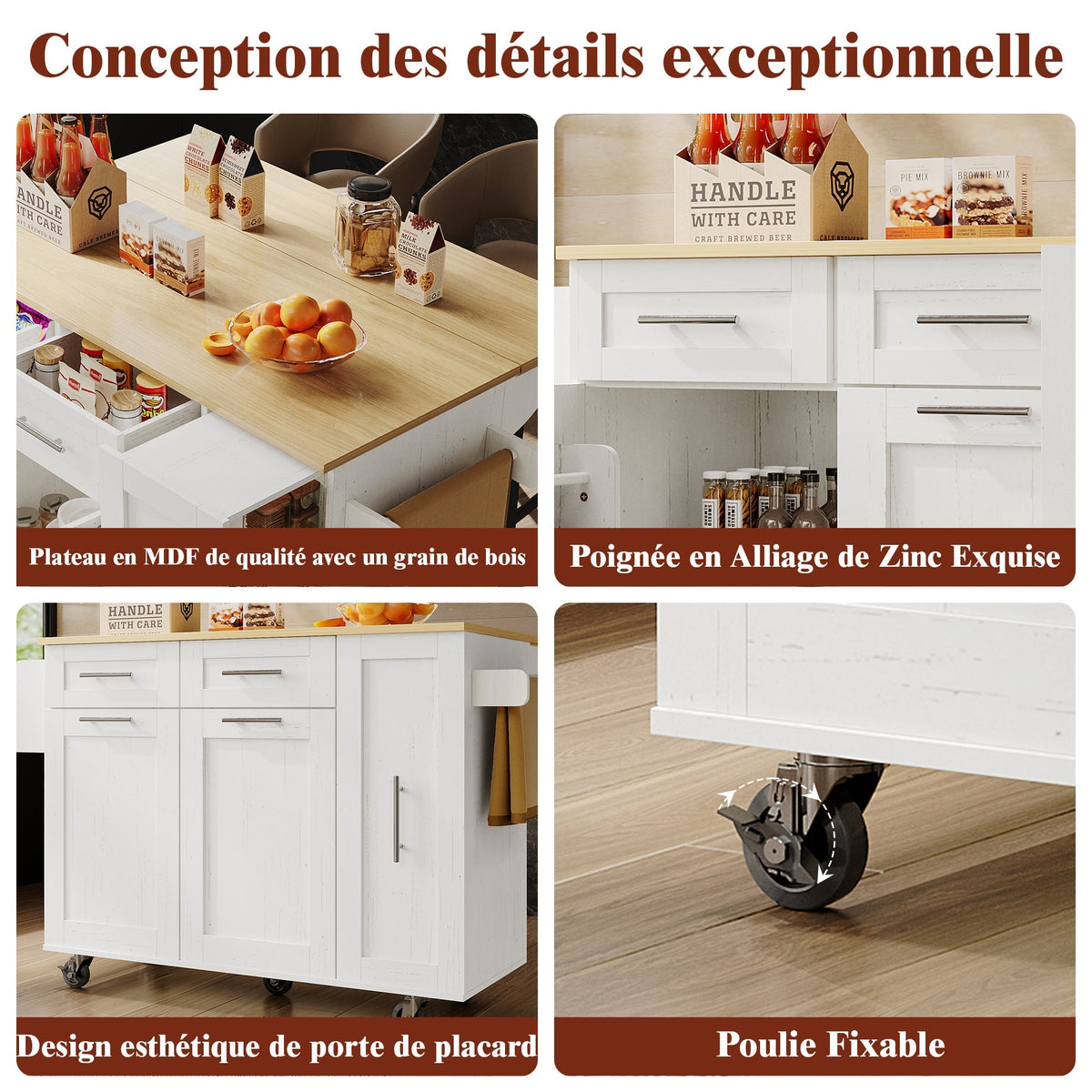 Dining Cart Kitchen Island - Multifunctional Extendable Table Storage - White Wood Grain