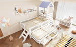 Kids House Bed with Pull-Out Bed, Drawers & Stairs, White