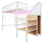 Iron Loft Bed, 90x200 with LED, Storage Stairs, Open Wardrobe, Black and White Metal