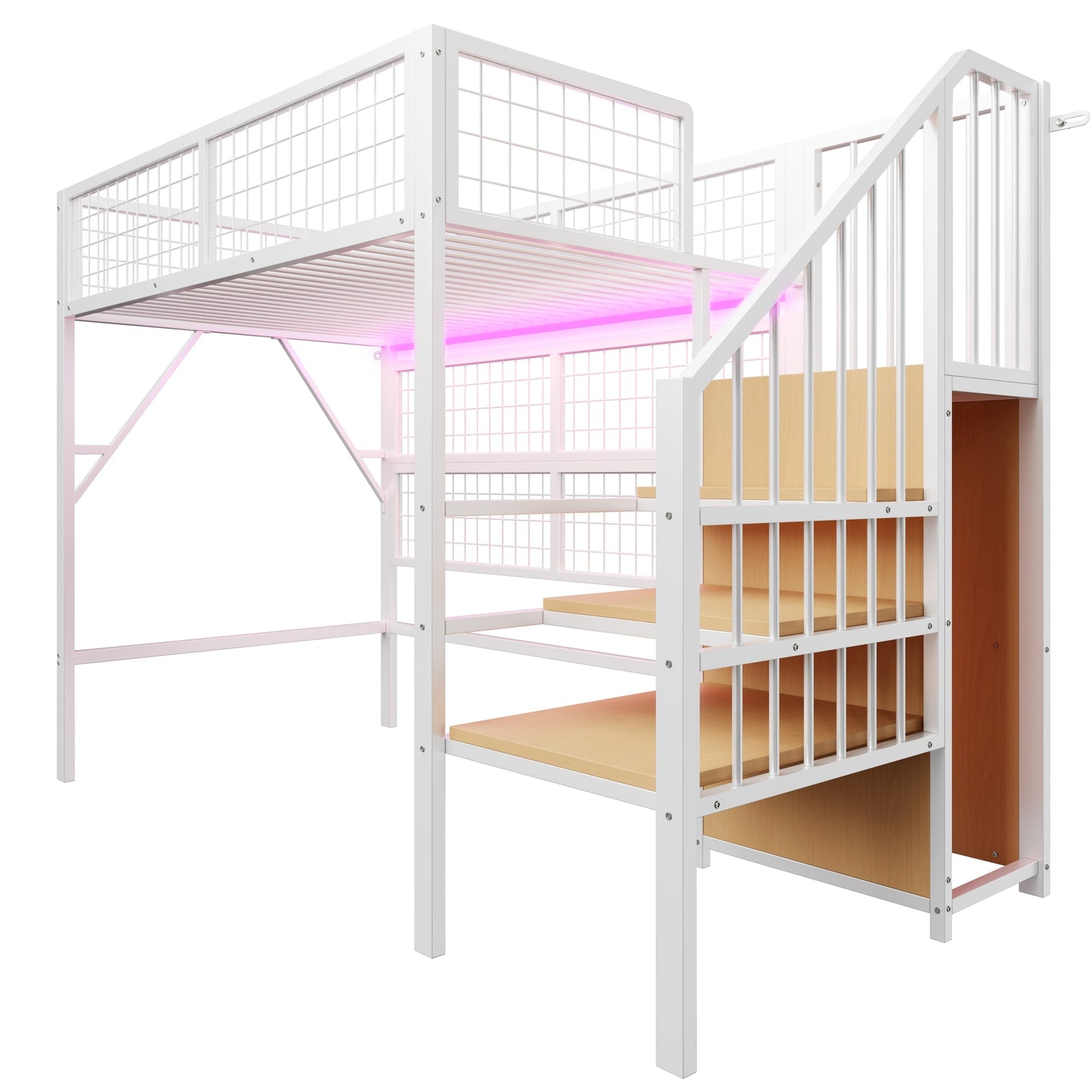 Iron Loft Bed, 90x200 with LED, Storage Stairs, Open Wardrobe, Black and White Metal