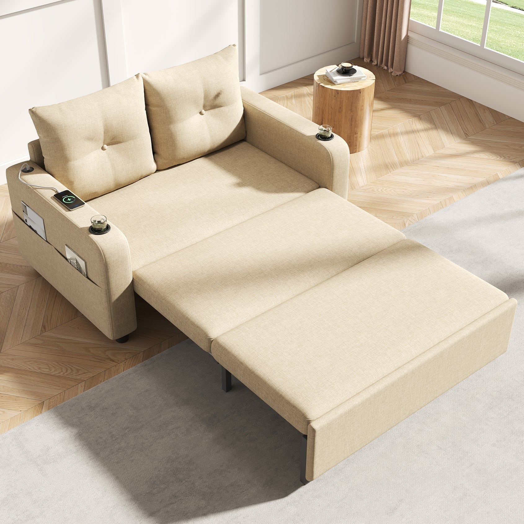 3-in-1 Sleeper Sofa with Pull-Out Bed, Cup Holder, USB Port and Side Pockets, Beige Cotton Linen