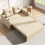 3-in-1 Sleeper Sofa with Pull-Out Bed, Cup Holder, USB Port and Side Pockets, Beige Cotton Linen