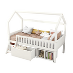 House Bed for Children and Youth 200x90 with Drawers, Storage and Anti-Drop Railing, White Pine