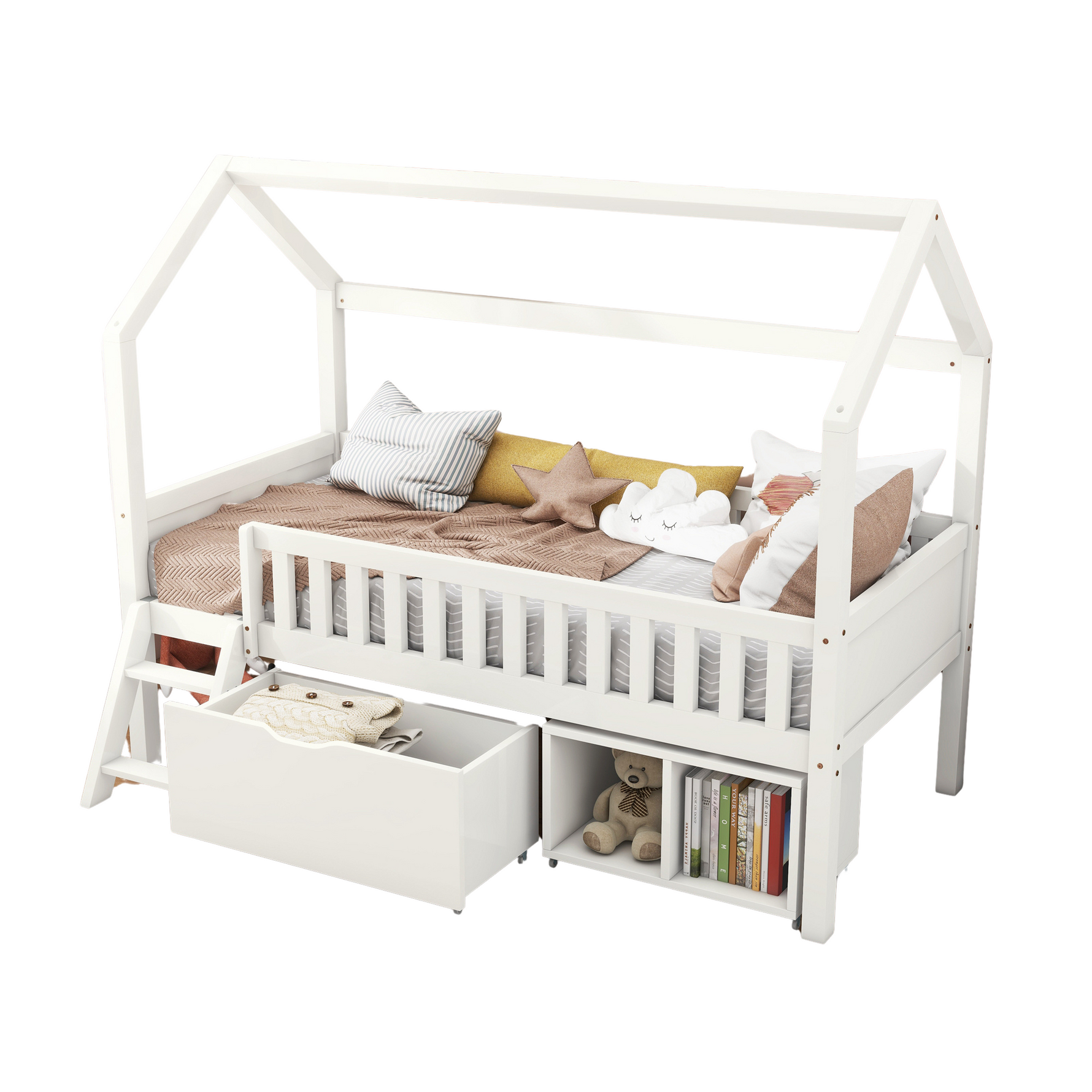 House Bed for Children and Youth 200x90 with Drawers, Storage and Anti-Drop Railing, White Pine