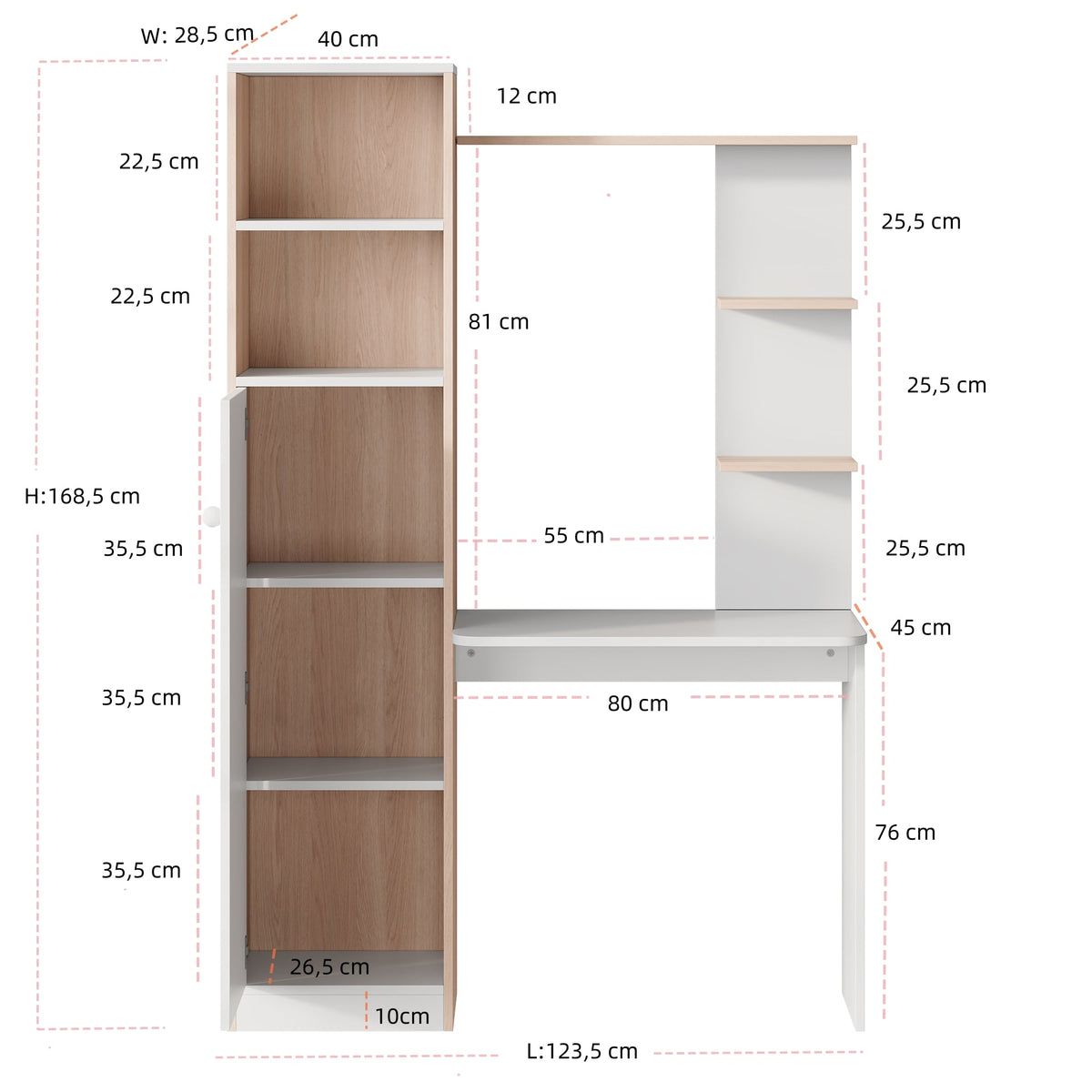 Work Table/Desk with Storage, Lower Cabinet & Open Shelf, White/Slatted Wood