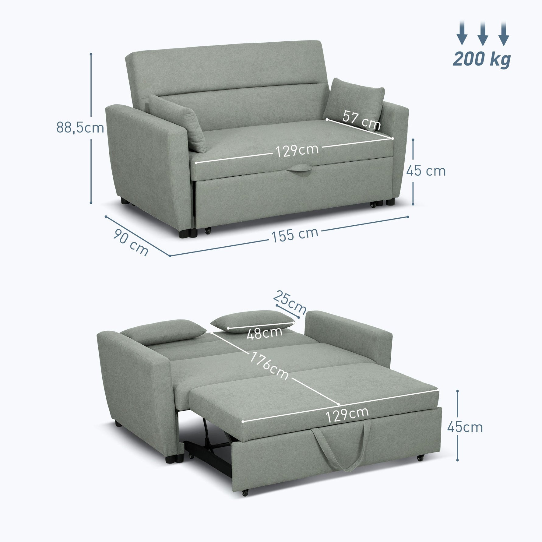 Sofa Bed 2-Seater Sleeping Function Adjustable Backrest Storage Velvet Look Light Grey