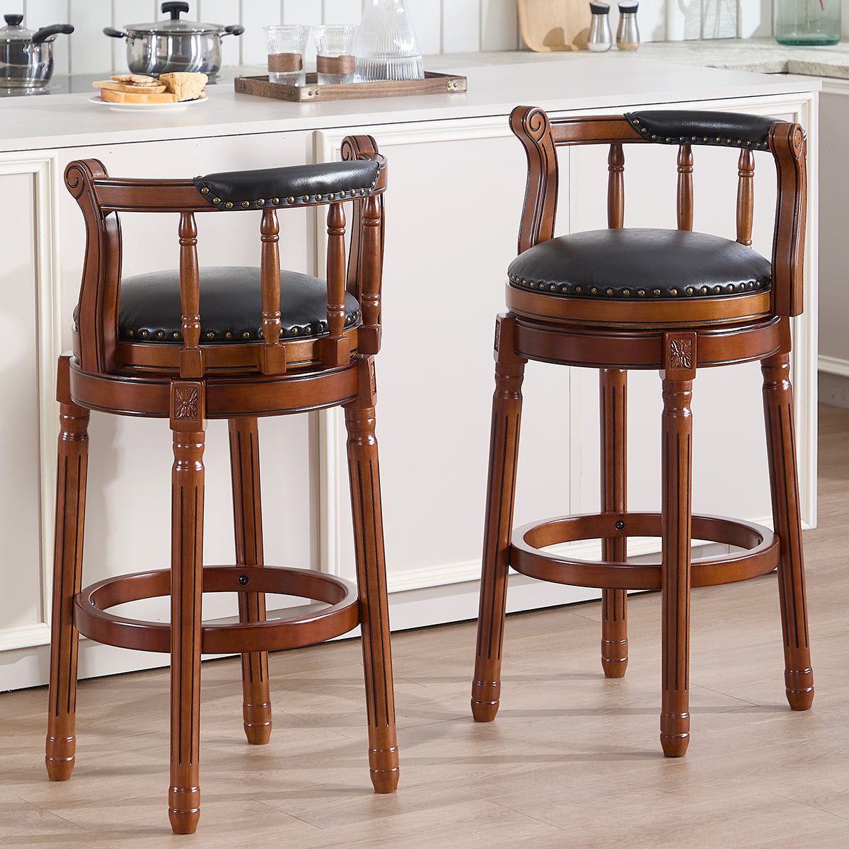 Bar Stools 360° Swivel with Backs Bar Counter Height - Cow Top Leather Wooden