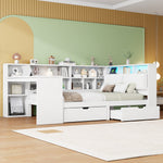 L-shaped Platform Bed 140x200 with Desk Bookshelf Upholstered Headboard Drawers LED Light White Wood