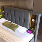 Double Bed, Wireless Charging, 180x200cm, Storage, Grey Cotton