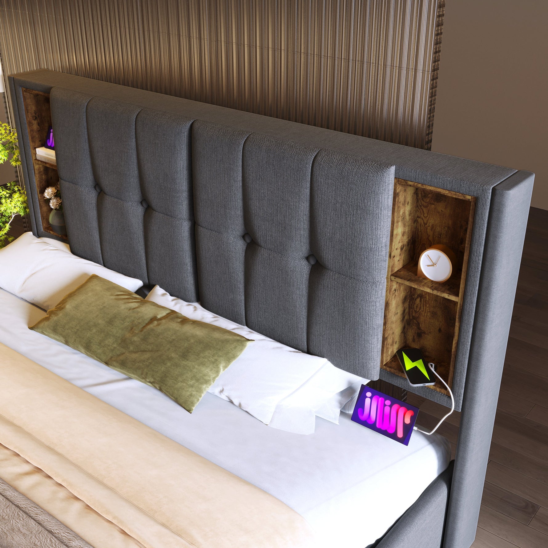 Double Bed, Wireless Charging, 180x200cm, Storage, Grey Cotton
