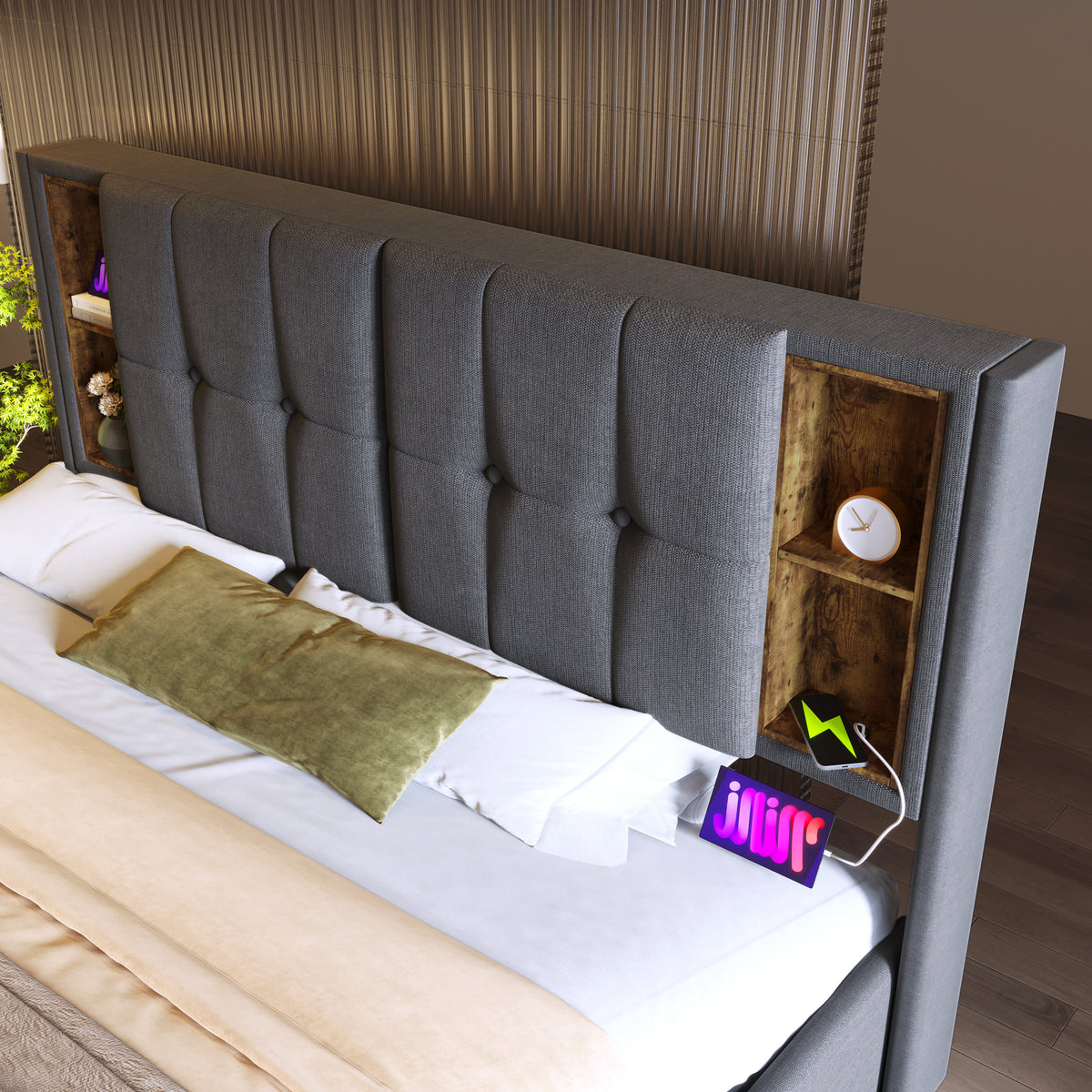 Upholstered Double Bed 180x200cm with Storage & USB-C, Grey Cotton