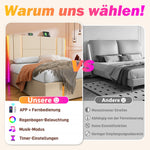 Upholstered Double Bed, USB C, APP Control, LED, Storage, Beige Linen