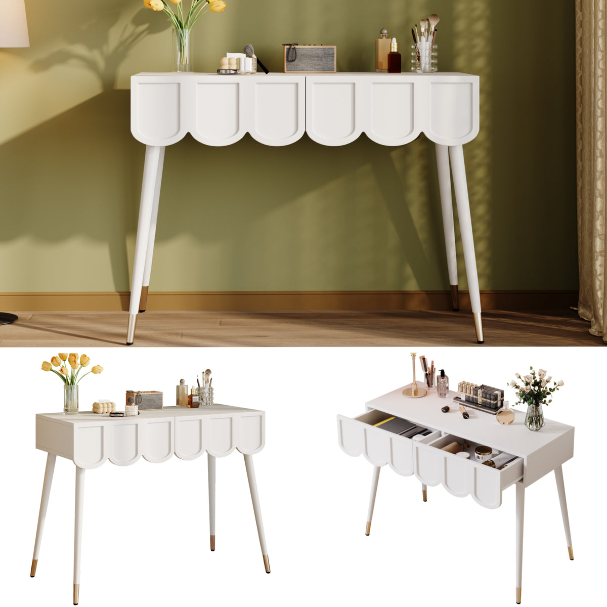 Dressing Vanity Table with 2 Drawers and Metal Legs in White