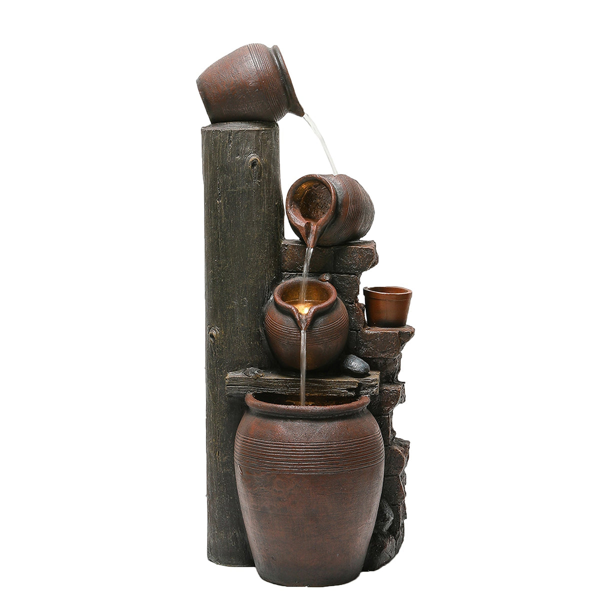 Garden Fountain with LED Lighting, Water Pump and Decorative Basin, Brown Artificial Stone