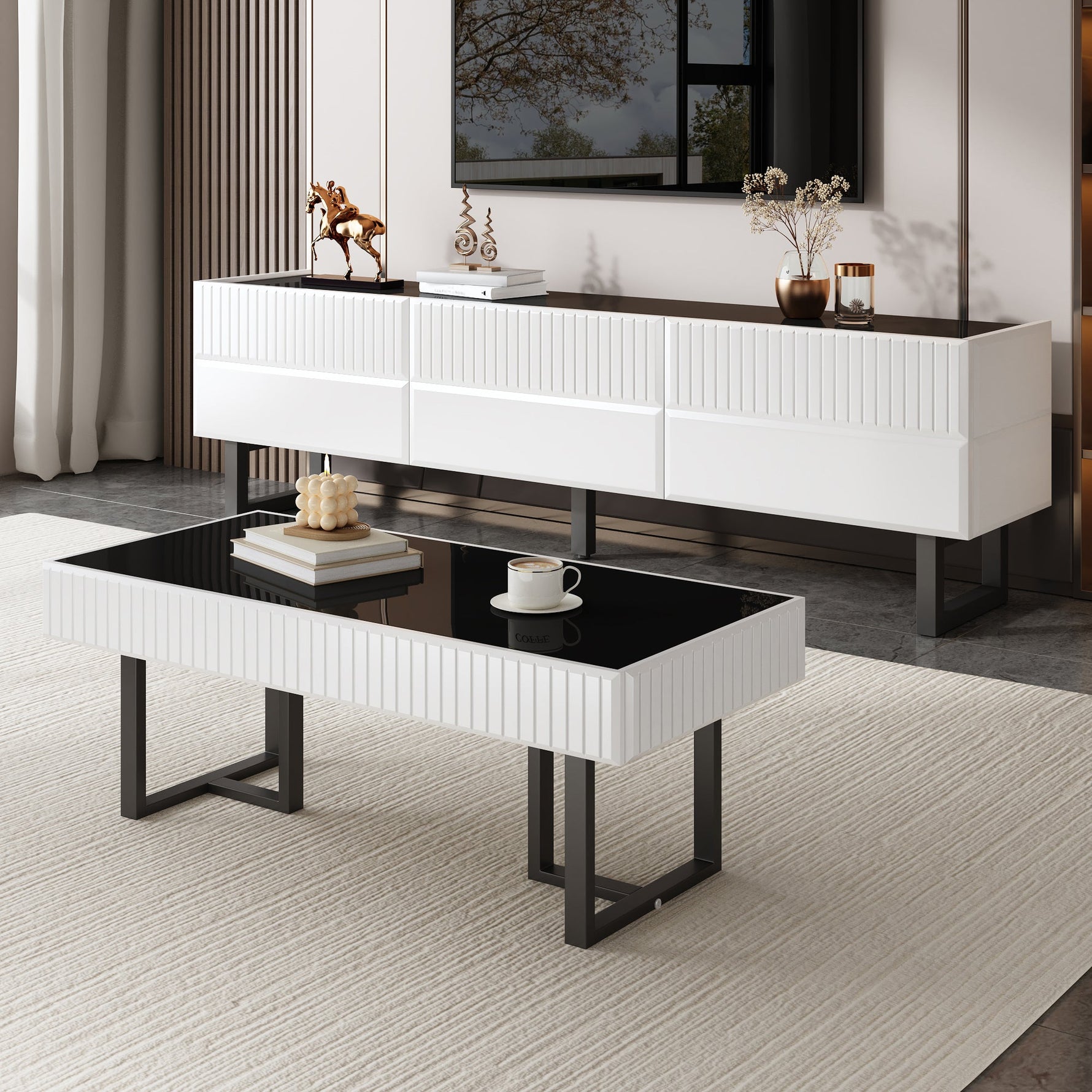 Coffee Table and TV Cabinet Set Modern Minimalist Storage Furniture - Black and White Stripe