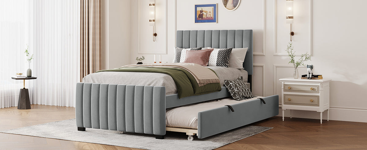 Upholstered Single Bed 90x190cm with Pull-Out Bed, Grey Velvet