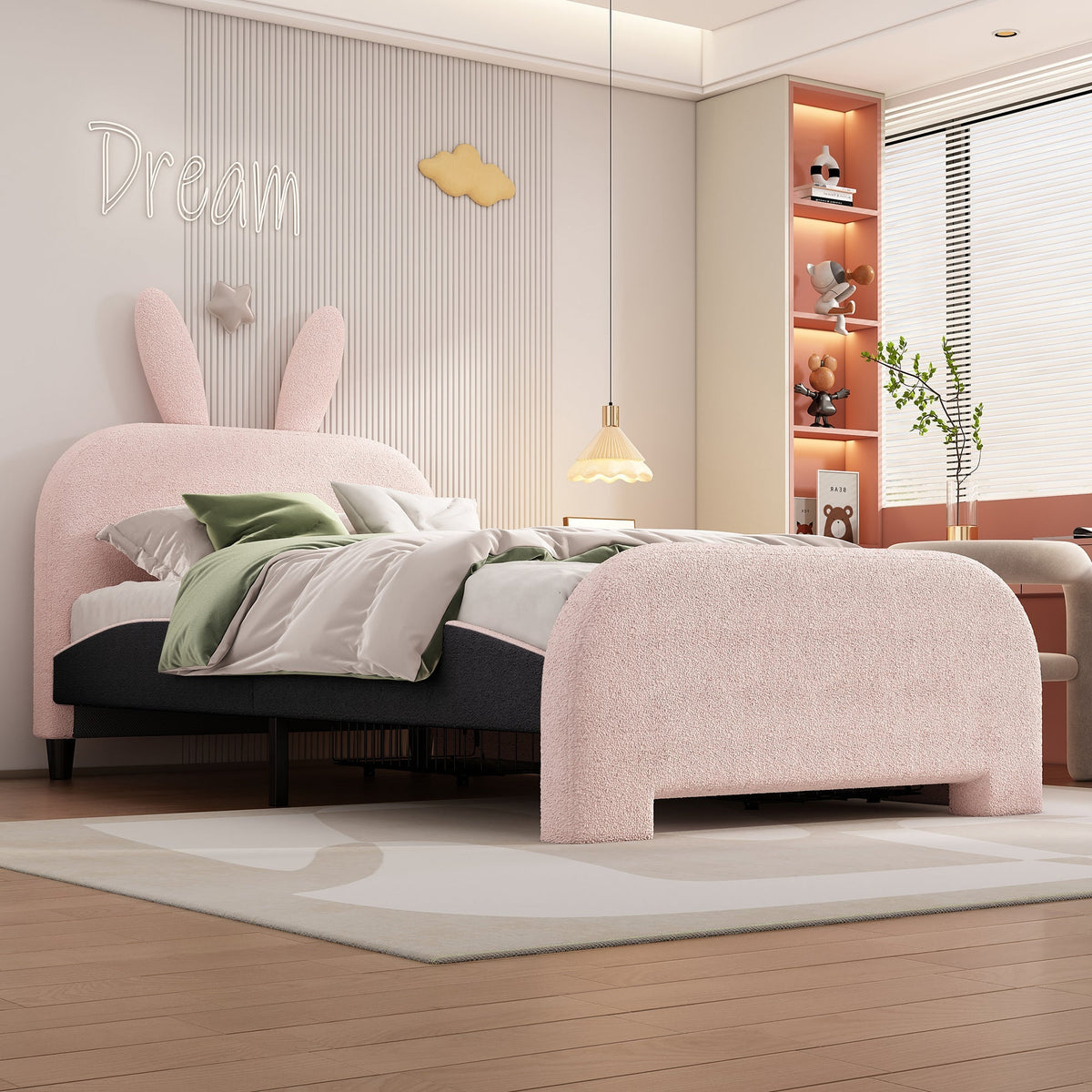Flat Bed 90x200cm Cartoon Rabbit Shape 2 Drawers - Pink