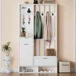 6-in-1 Coat Rack Shoe Cabinet, 8 Hooks, Shoe Bench, Compact Wardrobe Drawers/Shelves, White