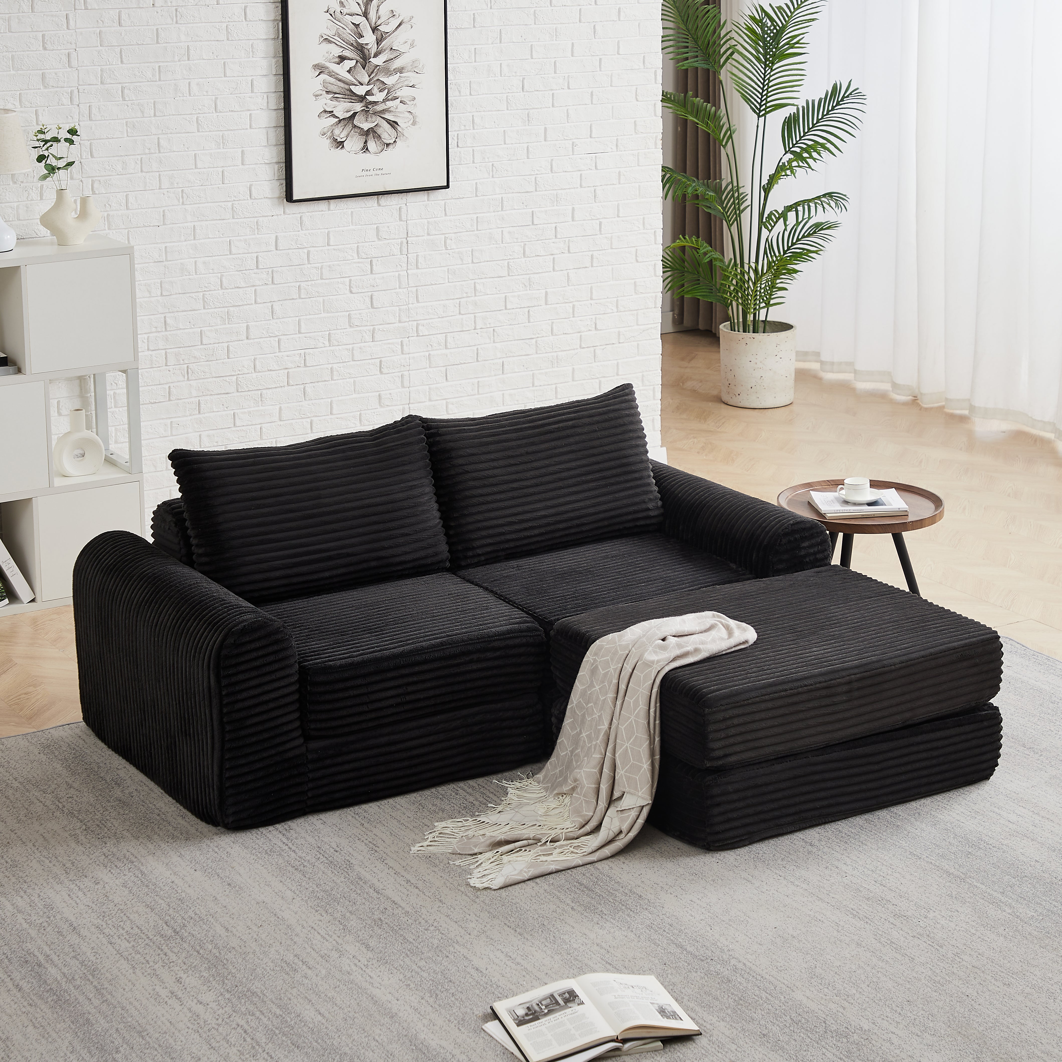 2-in-1 Sofa Bed with Two Pillows and Removable Footstool, Corduroy