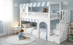 Bunk Bed with Staircase Storage and Decorative Windows, 90x200cm, White and Blue Pine + MDF + Plywood